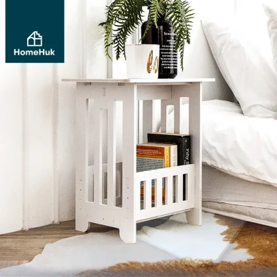 HomeHuk โต๊ะข้างเตียง พร้อมชั้นวางด้านล่าง กันน้ำ กันฝุ่น PVC Square Side Table ขาว