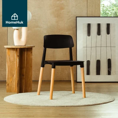 HomeHuk เก้าอี้กินข้าวพลาสติก ขาไม้ 46x47x75 cm รับน้ำหนัก 120 kg PP Standard Chair with Beech Leg Black