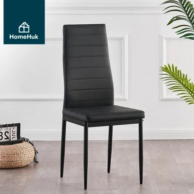 HomeHuk เก้าอี้กินข้าว เบาะหนัง/ผ้า ขาเหล็ก พนักพิงกลางหลัง 37×40.5×95 cm PU Leather High Back Dining Chair หนังดำ เบาะลาย