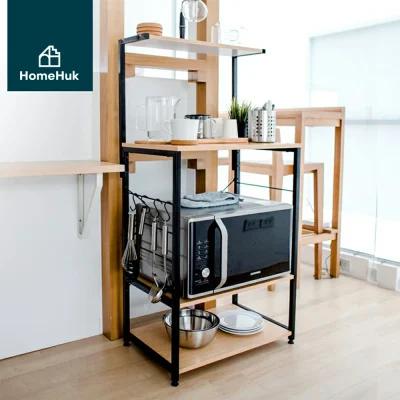 HomeHuk ชั้นวางไมโครเวฟ 4 ชั้น โครงเหล็ก ท็อปไม้ 60x38x125 cm แยกเป็นสัดส่วน ชั้นวางของ ชั้นวาง Wooden Microwave Rack 4T ดำ-บีช