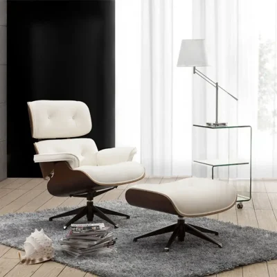 Favchair. เก้าอี้เล้าจ์ พร้อมสตูลวางขา เบาะหนังเทียมพรีเมียม รุ่น ERAST Lux Lounge Chair With Ottoman Walnut-White