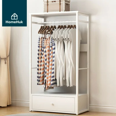 HomeHuk ตู้เสื้อผ้าไม้ พร้อมลิ้นชัก สไตล์มินิมอล Walk-in Closet ราวตากผ้า ตู้เสื้อผ้า MDF Metal Clothes Rack ขาวล้วน 60cm ลิ้นชัก