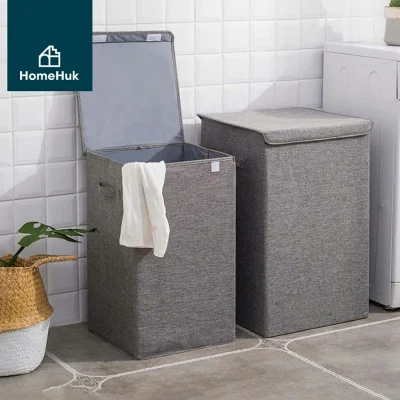 HomeHuk ตะกร้าผ้าทรงเหลี่ยม พับเก็บได้ พร้อมฝาเปิด-ปิดติดกับตัวตะกร้า Polyester Fabric Laundry Basket with Lid เทา Light Grey