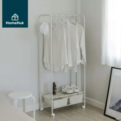 HomeHuk ราวตากผ้า ล้อเลื่อน พร้อมชั้นวางตะแกรง 2 ชั้น กล่องเก็บของ ตะขอ Metal Clothes Rack with Wheels and 2 Boxes ขาว White