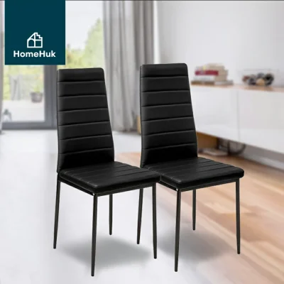 [1 แถม 1] HomeHuk เก้าอี้กินข้าว เบาะหนัง / เบาะผ้า ขาเหล็ก พนักพิงกลางหลัง รับสรีระ PU Leather Dining Chair_BOGO หนังดำ เบาะลาย