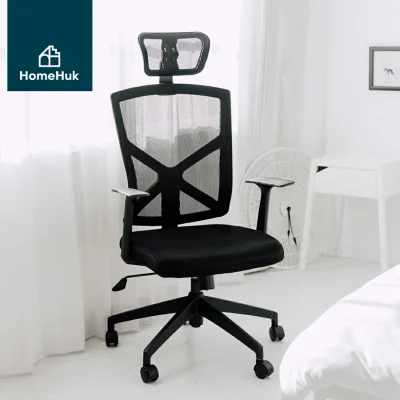 HomeHuk เก้าอี้ทำงาน รุ่น Chicago ที่รองศีรษะปรับได้ 3 ระดับ พนักพิงผ้าตาข่าย Mesh Back Office Chair with Head Support Black ฐานไนลอน (Nylon Base)