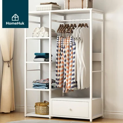 HomeHuk ตู้เสื้อผ้าไม้ พร้อมลิ้นชัก สไตล์มินิมอล Walk-in Closet ราวตากผ้า ตู้เสื้อผ้า MDF Metal Clothes Rack ขาว White