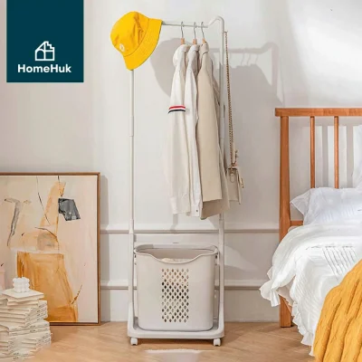 HomeHuk ราวแขวนผ้าล้อเลือน พร้อมตะกร้าเก็บของ Metal Clothes Rack with Basket ขาว White 43x141cm