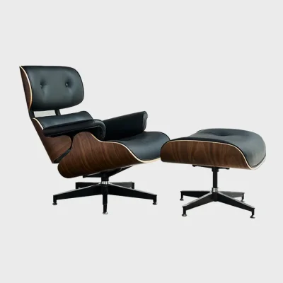 favchair. Erast Lux Lounge Chair เก้าอี้เล้าจ์ พร้อมสตูลวางขา เบาะหนังเทียมพรีเมียม วอลนัทดำWalnut-Black