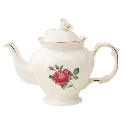 Violet Flamingo Rose Tea Set ชุดน้ำชาลายกุหลาบ สีขาวขอบทอง ฝากาน้ำชาเป็นรูปกุหลาบ (กาน้ำชาและแก้วพร้อมจานรอง 2 ชุด)