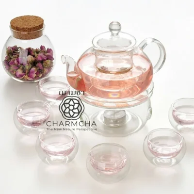 Charmcha ชุดกาน้ำชาฟักทอง600ml 1ชุด มีตัวเลือกแก้ว2-6ใบ และที่กรองชา1ใบ แก้ววางบนเตาความร้อนได้ กาชงชา กาชา ชาดอกไม้ ชุดของขวัญ Charmcha ฌามชา กา+แก้ว4ใบ