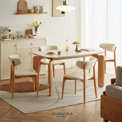 FURMIKA | Dino Rectangular Dining Table with 4 Chairs Set ชุดโต๊ะทานข้าว ไม้โอ๊คธรรมชาติ ท็อปหินเทียมขาว W1.6m*L0.80m*H0.75m